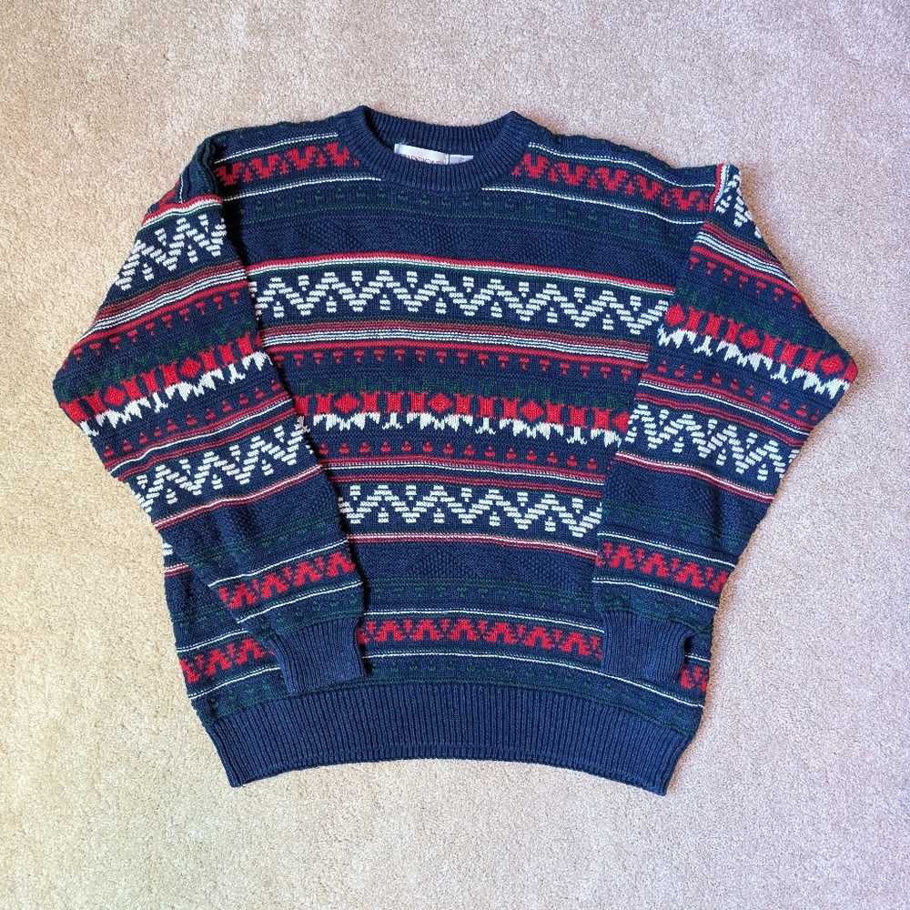 Vintage Traditions Blue Red White Knit Striped Pullover Sweater